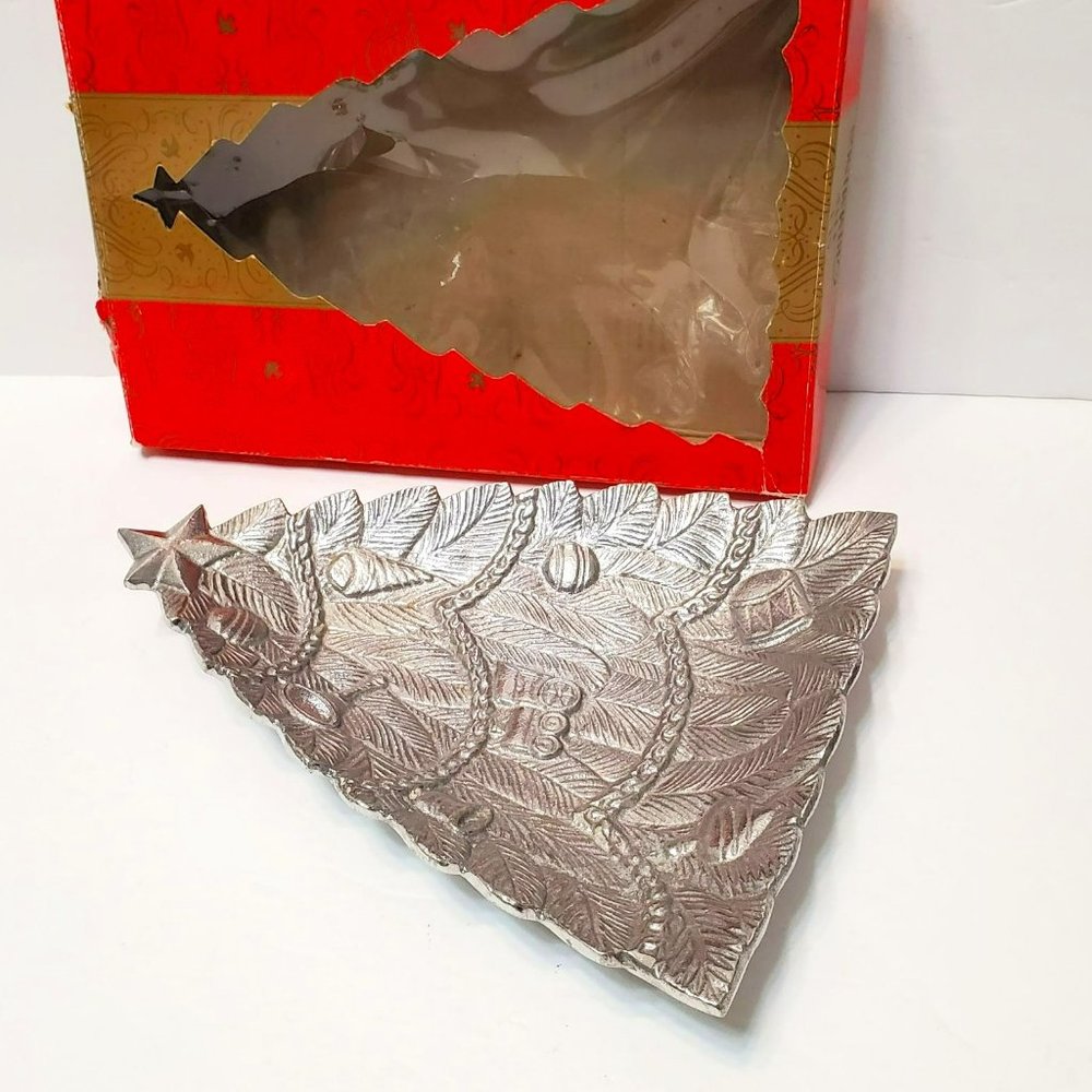 Vintage Silver Tone Metal Christmas Tree Candy Dish, Macy's 1993, NEW in Box